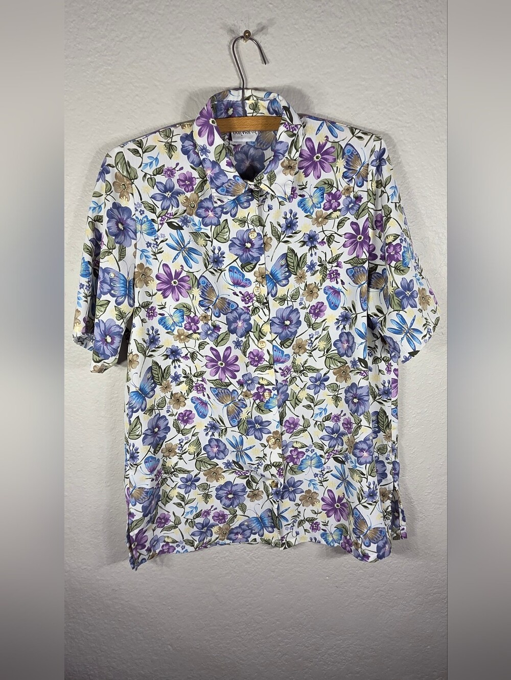 VTG BonWorth Button Front Top Shirt Sz M MulticolorFloral Butterfly Short Sleeve